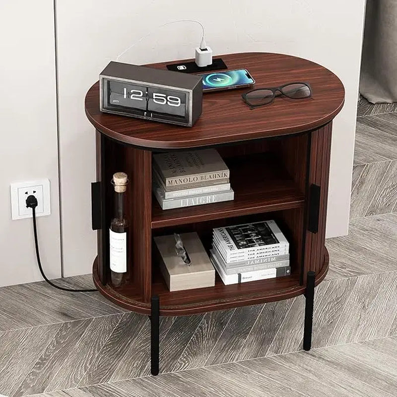 [Dealsforyoudays] EBELLO Small Console Table, Grooved End Table with Charging Station, Mid-Century Modern Nightstand, Entryway Cabinet for Living Room, Bedroom, Small Spaces, Walnut