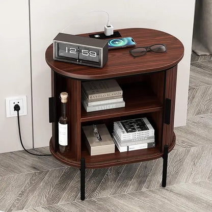 [Dealsforyoudays] EBELLO Small Console Table, Grooved End Table with Charging Station, Mid-Century Modern Nightstand, Entryway Cabinet for Living Room, Bedroom, Small Spaces, Walnut
