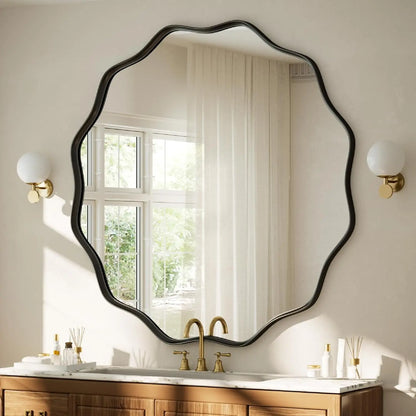 Scalloped Circle Mirror, 24" Wavy Edge round Wall Mirror with Tempered Glass Textured Circular Metal Deep Frame, Leaning for Bathroom, Hallway, Entryway, Livng Room