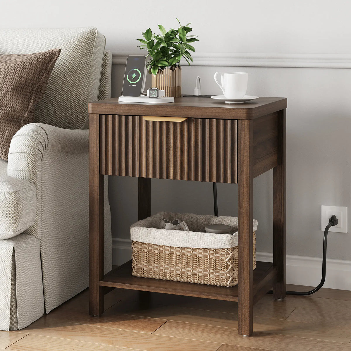Aowos Fluted Nightstand, Bedside Tables with Charging Station, Boho Side Tables with Drawer &amp; Open Compartment for Bedroom Wooden Tabletop, Bedside Cabinet with USB Ports, Nightstand with Storage, Apartment Nightstand, Kids Bedside Table Tiktokshopspringg