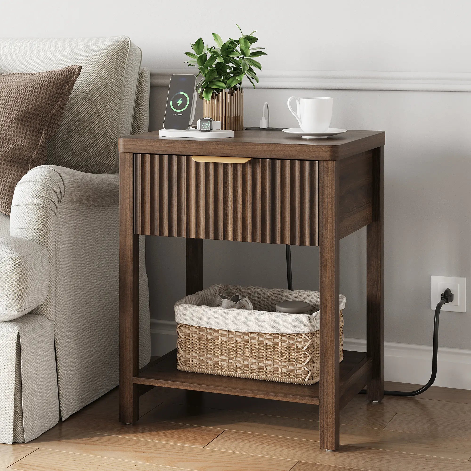 Aowos Fluted Nightstand, Bedside Tables with Charging Station, Boho Side Tables with Drawer &amp; Open Compartment for Bedroom Wooden Tabletop, Bedside Cabinet with USB Ports, Nightstand with Storage, Apartment Nightstand, Kids Bedside Table Tiktokshopspringg