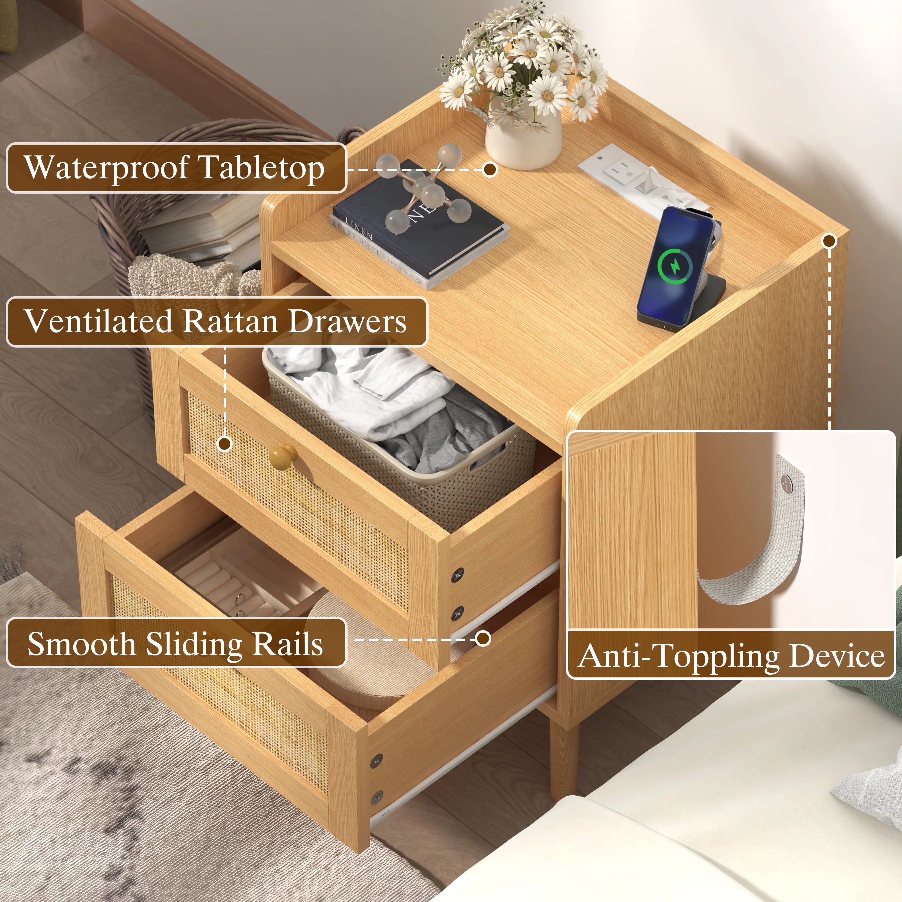 Rattan Nightstand with Charging Station, Rattan Boho End Table with 2 Drawers Bedroom Bedside Side Tables Natural Night Stand for Living Room,Bedroom,Dorm Room Essentials Fathers Day Gift Ideas,Dorm Essentials,Home Decor
