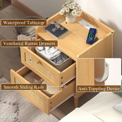 Rattan Nightstand with Charging Station, Rattan Boho End Table with 2 Drawers Bedroom Bedside Side Tables Natural Night Stand for Living Room,Bedroom,Dorm Room Essentials Fathers Day Gift Ideas,Dorm Essentials,Home Decor