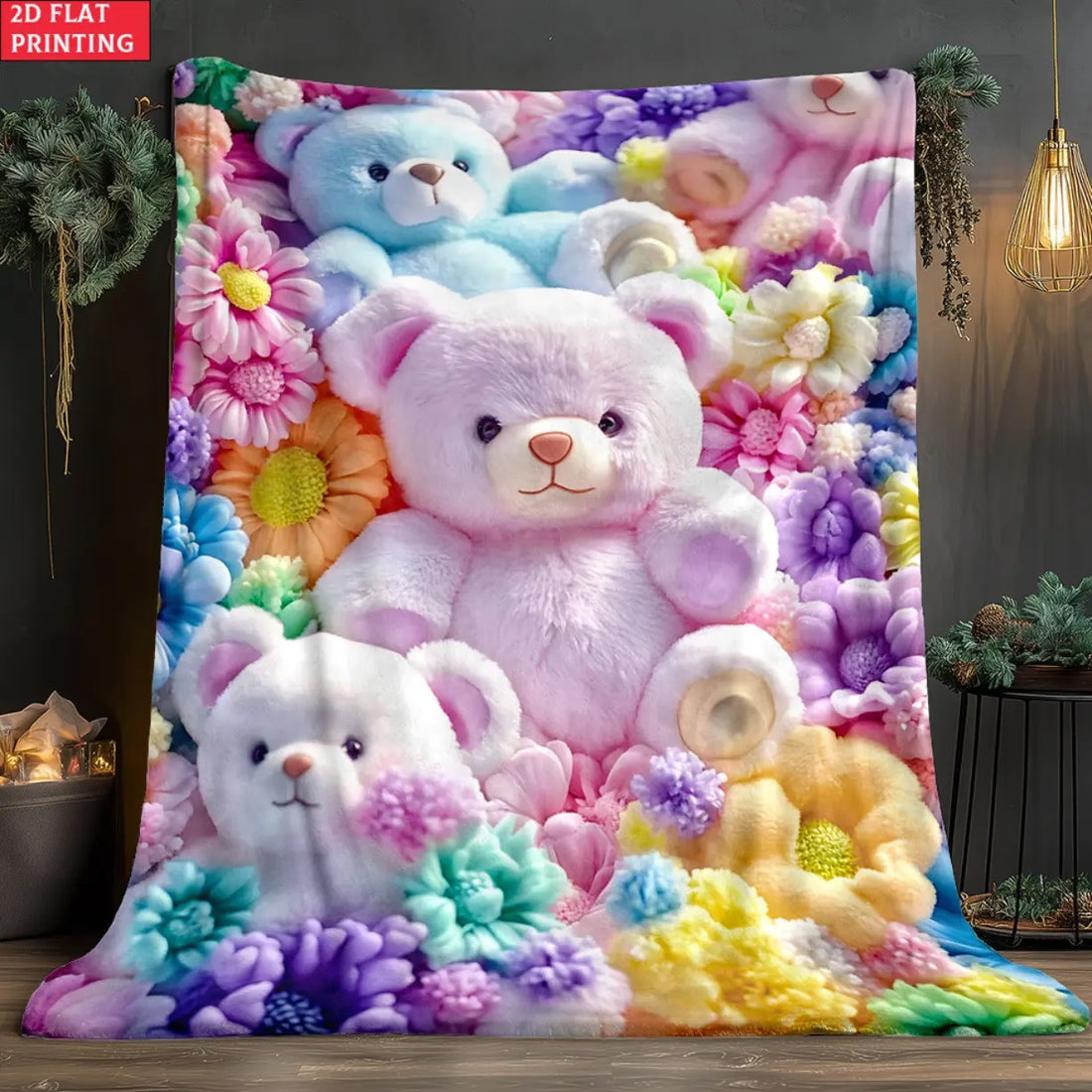 Teddy Bear Floral Blanket 2D Flat Cartoon Print Ultra Soft Flannel Throw Blanket Cute Colorful Bear Aesthetic Lightweight Cozy Warm Blanket for Sofa Couch Bed Bedroom Decor Travel Camping Office Chair Home Decor Gift Trending Must Have Cozy Home Essential