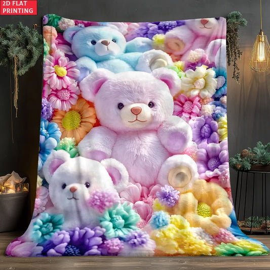 Teddy Bear Floral Blanket 2D Flat Cartoon Print Ultra Soft Flannel Throw Blanket Cute Colorful Bear Aesthetic Lightweight Cozy Warm Blanket for Sofa Couch Bed Bedroom Decor Travel Camping Office Chair Home Decor Gift Trending Must Have Cozy Home Essential