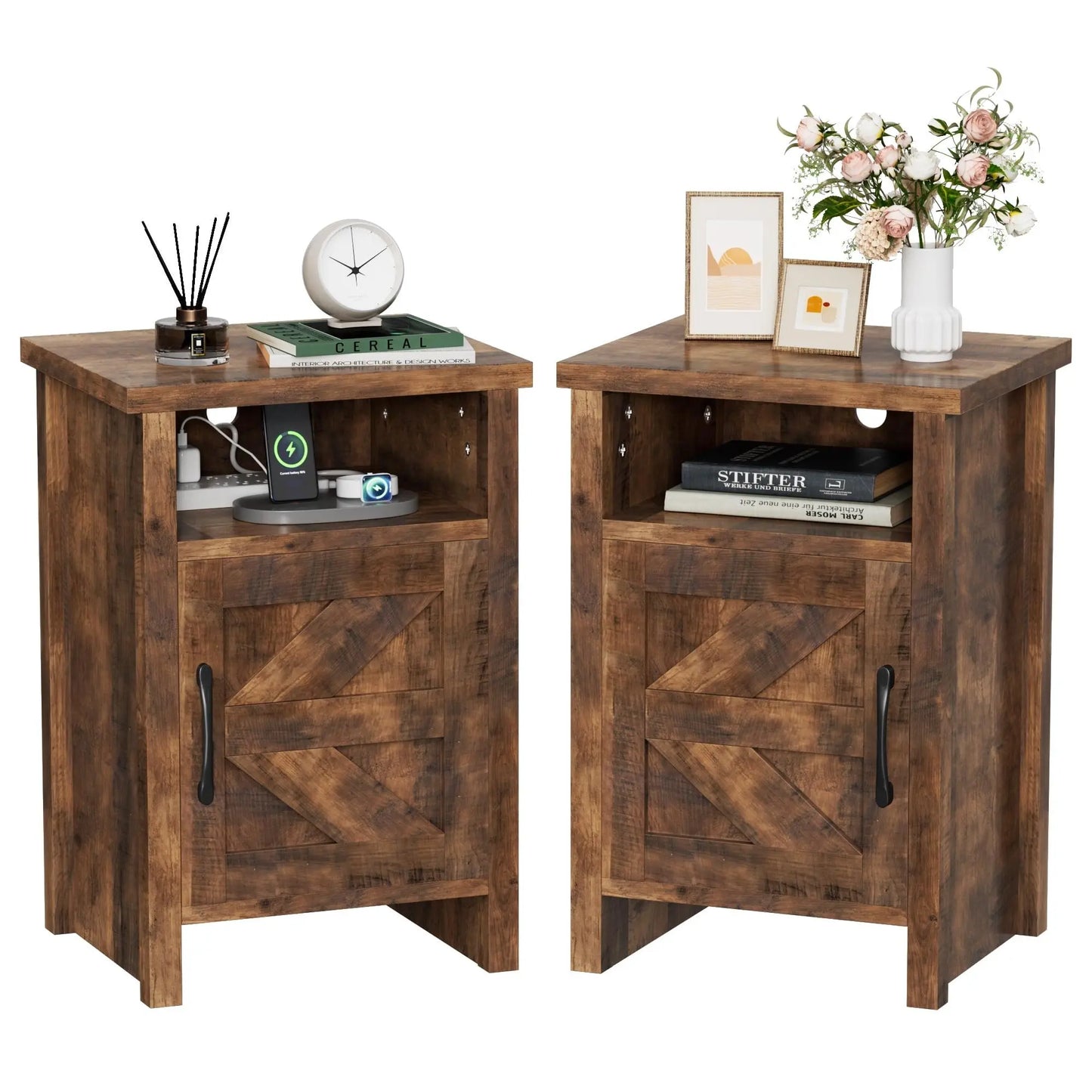 Furmax Farmhouse Nightstand Sets of 2, Mdf+Pine Wooden Bedside Cabinets with Open Shelf Storage, Stable Strong Modern Furniture for Bedroom Home Decor Use
