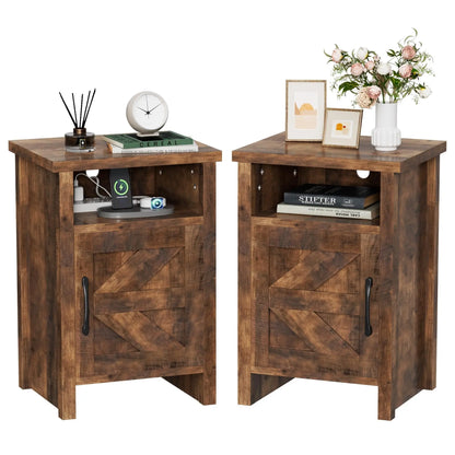 Furmax Farmhouse Nightstand Sets of 2, Mdf+Pine Wooden Bedside Cabinets with Open Shelf Storage, Stable Strong Modern Furniture for Bedroom Home Decor Use