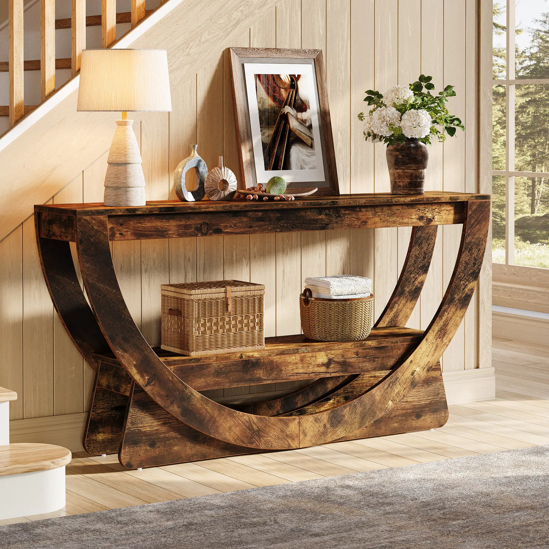 LITTLE TREE 63-Inch Console Table, Farmhouse 2-Tier Entryway Table with Storage Shelves, Narrow Long Sofa Table behind Couch, Wooden Accent Table for Hallway, Living Room, Entrance, Foyer