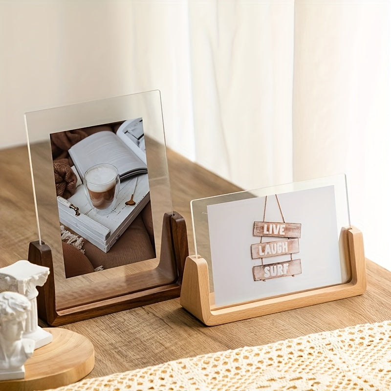 Acrylic Photo Frame – U-Shaped Wood Base – Minimalist – Tabletop Display