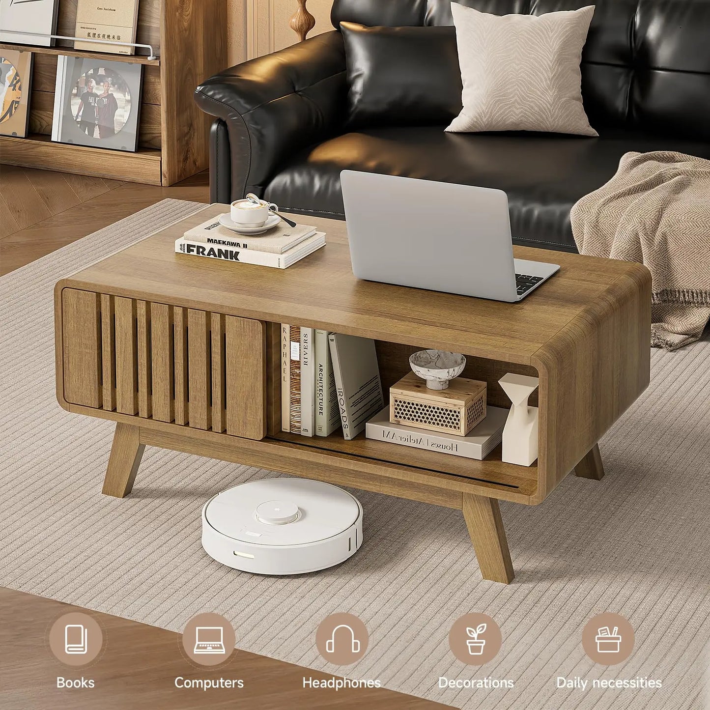 【Summerfinds】Onbrill Coffee Table, Mid Century Modern Table with Storage Compartment, Fluted Table with Sliding Cabinet Door, Farmhouse Wood Coffee Table for Living Room,Dorm Essentials,Home Decor