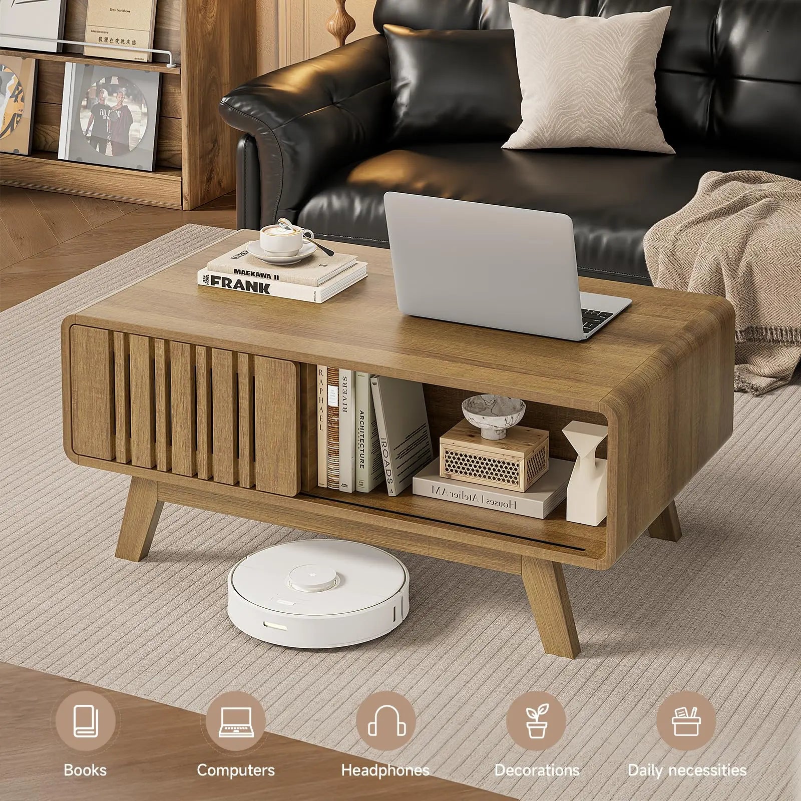 【Summerfinds】Onbrill Coffee Table, Mid Century Modern Table with Storage Compartment, Fluted Table with Sliding Cabinet Door, Farmhouse Wood Coffee Table for Living Room,Dorm Essentials,Home Decor