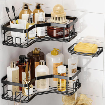 Shower Caddy, 3-Pack Adhesive Stainless Steel Shower Organizer Corner Shower Caddy, Corner Shower Shelf with 8 Hooks, Shower Shelves Storage Shower Shelf for inside Shower, Black