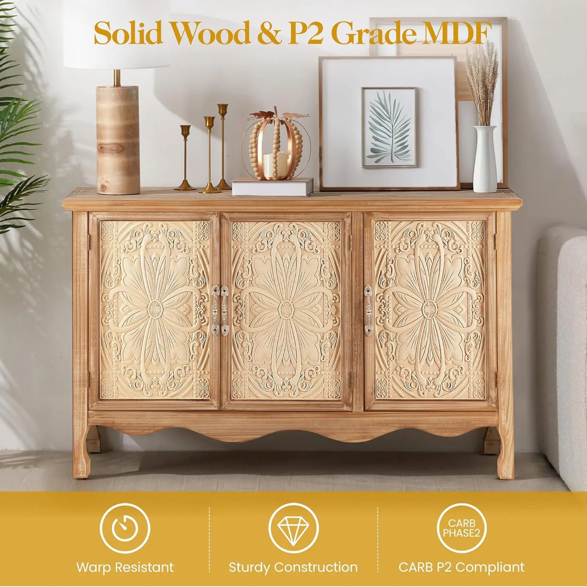 【Summervibes】Royalcraft L Farmhouse Sideboard Buffet Cabinet with Storage, 49" Solid Wood Credenza Buffet Table Coffee Bar Wine Bar Storage Cabinet with 3 Doors for Dining Room Living Room Hallway, (Provence Grain)