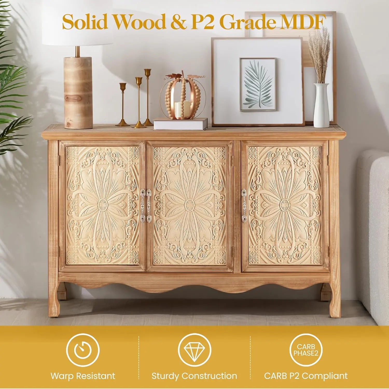 【Summervibes】Royalcraft L Farmhouse Sideboard Buffet Cabinet with Storage, 49" Solid Wood Credenza Buffet Table Coffee Bar Wine Bar Storage Cabinet with 3 Doors for Dining Room Living Room Hallway, (Provence Grain)