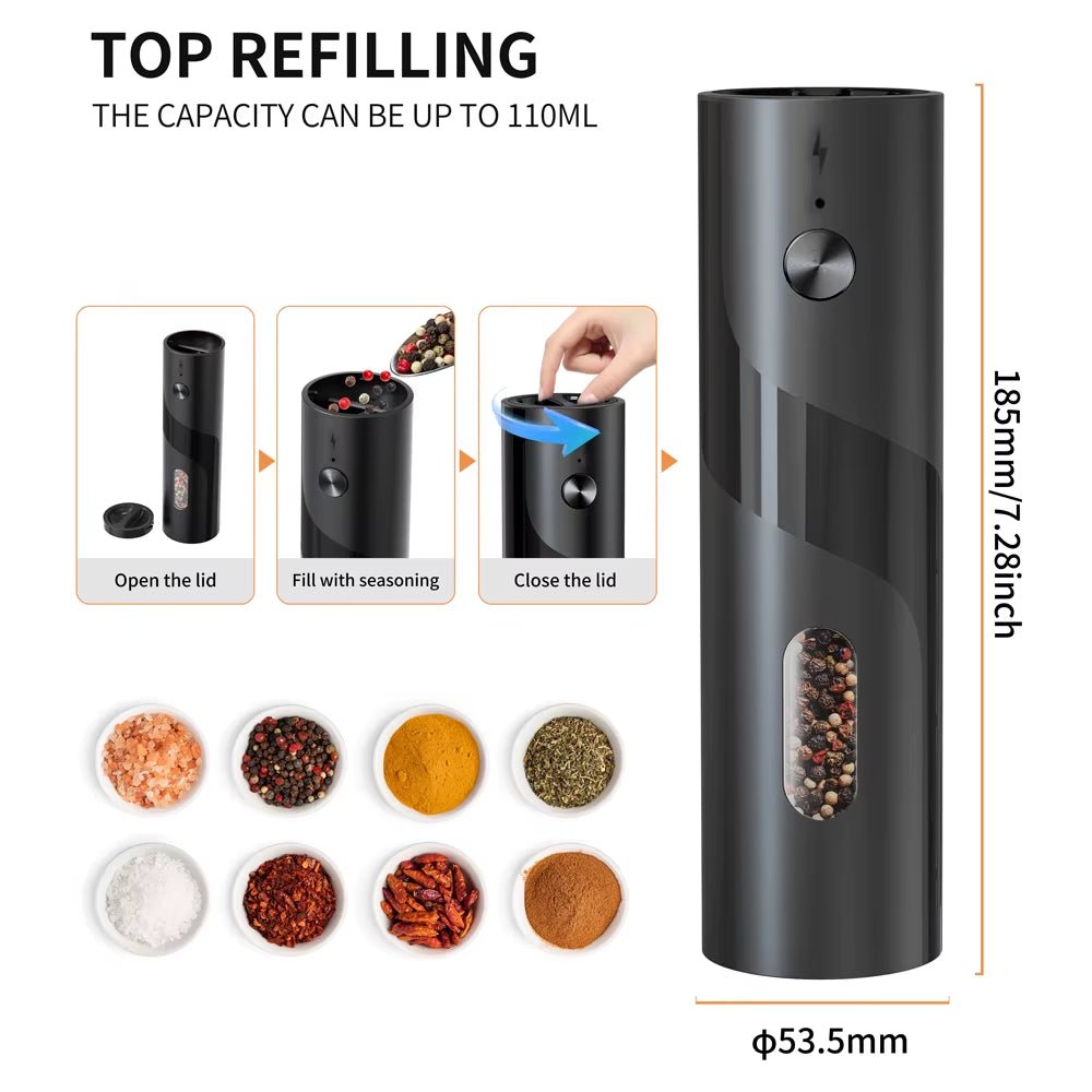 1Pc/2Pcs Automatic Pepper Grinder Salt and Pepper Mill Adjustable Coarseness Spice Grinder with LED for Kitchen