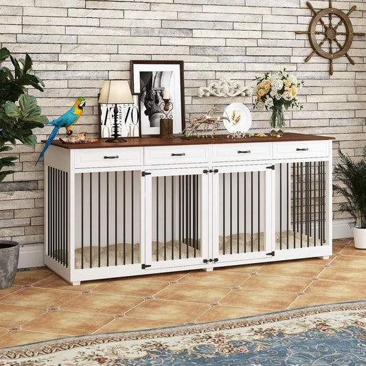 FUFU&GAGA Large Dog Crate Furniture, 86.6" Wooden Dog Crate Kennel with Drawers and Divider, Heavy Duty Dog Crates Cage Furniture