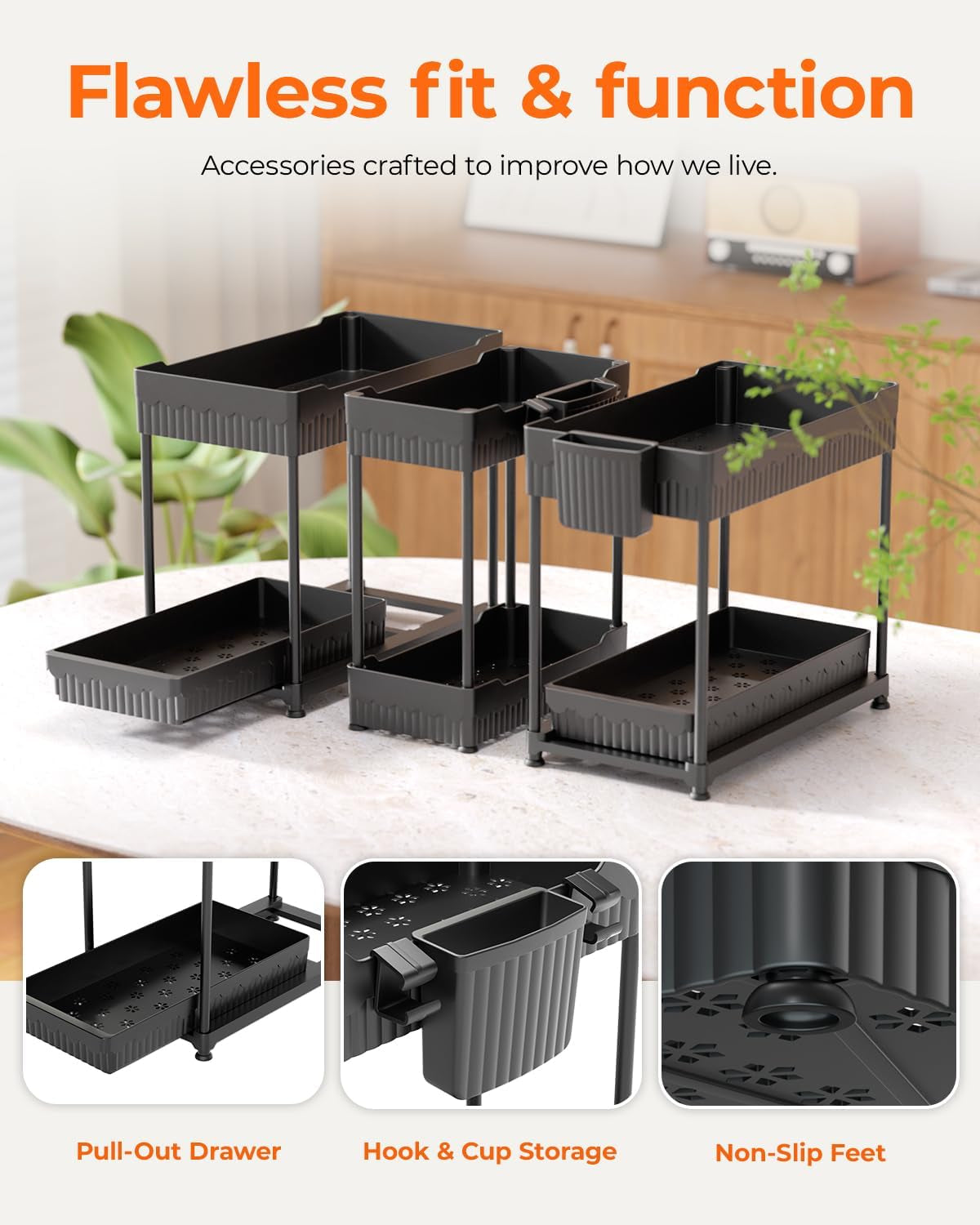 3 Pack under Sink Organizers, 2-Tier Multi-Use Kitchen and Bathroom Organizers and Storage with Sliding Drawers，Bathroom Cabinet Organizer (Black, 12.8 Inch)