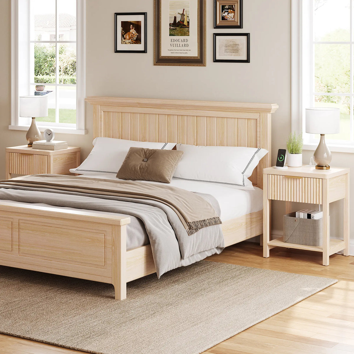Aowos Fluted Nightstand, Bedside Tables with Charging Station, Boho Side Tables with Drawer &amp; Open Compartment for Bedroom Wooden Tabletop, Bedside Cabinet with USB Ports, Nightstand with Storage, Apartment Nightstand, Kids Bedside Table Tiktokshopspringg