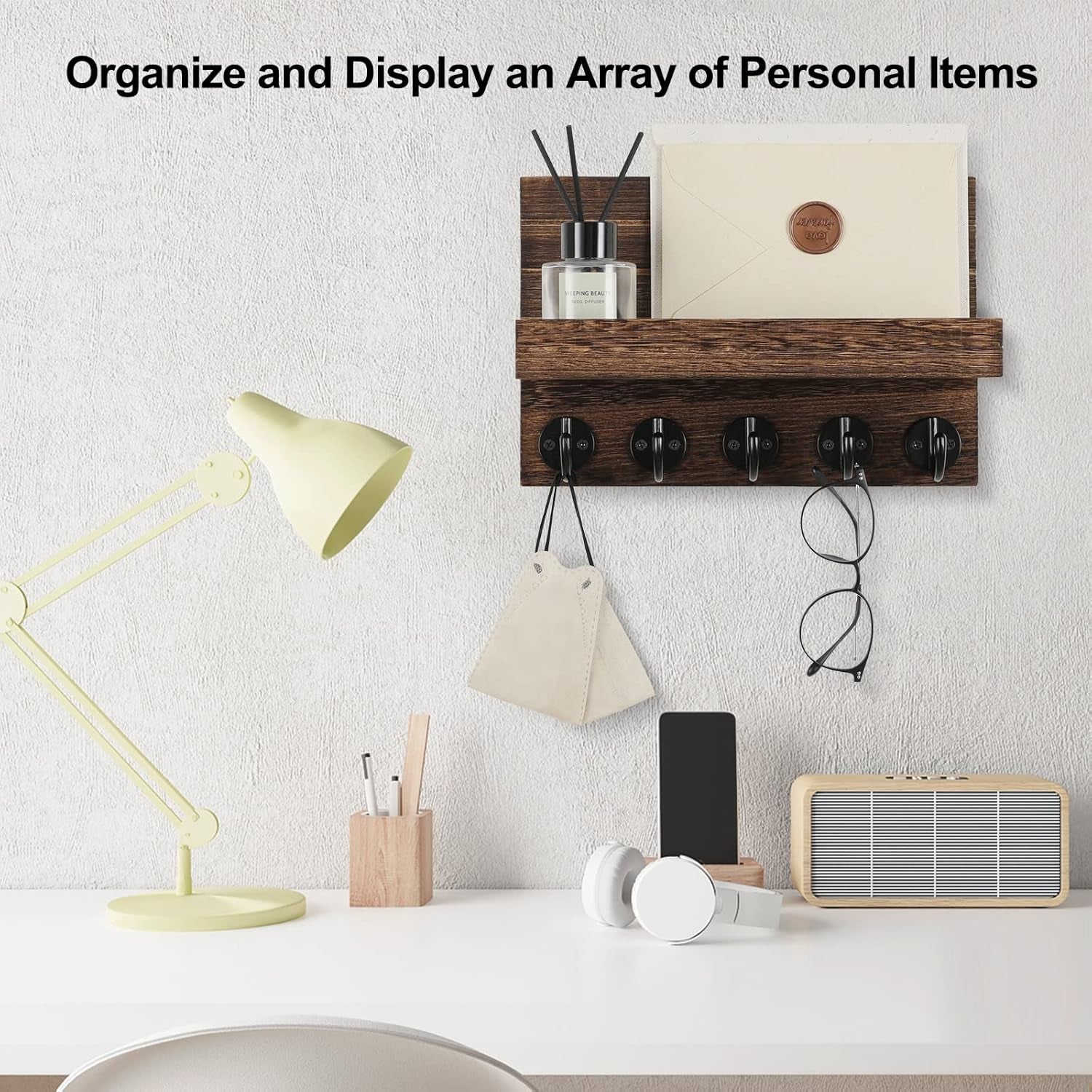 Key Holder for Wall, Decorative Key and Mail Holder with Shelf Has Large Key Hooks for Bags, Coats – Paulownia Wood Key Hanger with Mounting Hardware (9.8”W X 6.7”H X 4.2”D) (Brown)