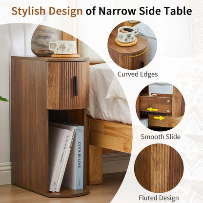 Fursch Walnut Slim Nightstand Set of 2, Mid-Century Curved Bedside Cabinets with Drawer &amp; Book Storage for Apartments, Bedrooms, Cozy Spaces, Small Spaces