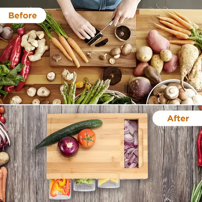 Bamboo Cutting Board – 4 Blades – Storage Trays – Kitchen Prep