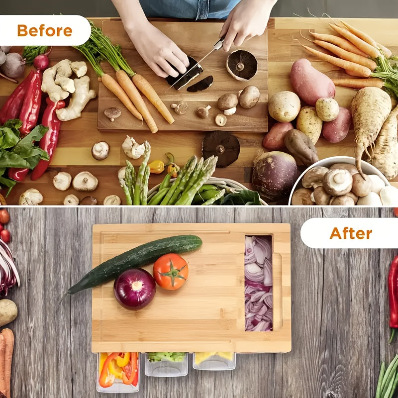 Bamboo Cutting Board – 4 Blades – Storage Trays – Kitchen Prep
