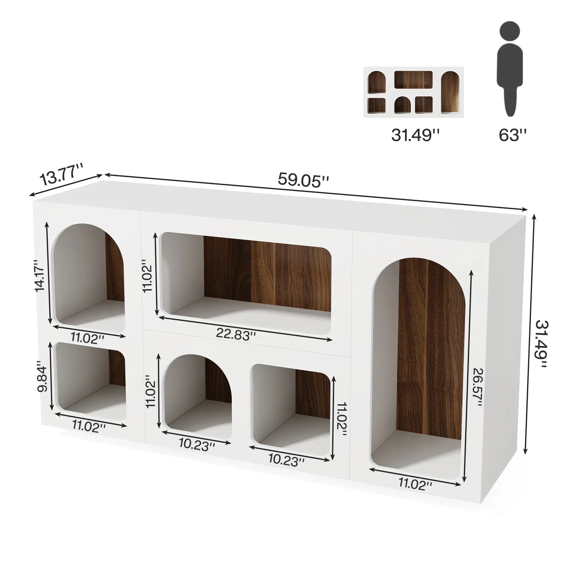 LITTLE TREE 59" White Console Table, Modern Entryway Table, Wooden Storage Organizer Entrance Table with 6 Compartments, Long Sofa Table, behind Couch Table with Storage for Living Room, Hallway, Foyer Arched Shelf