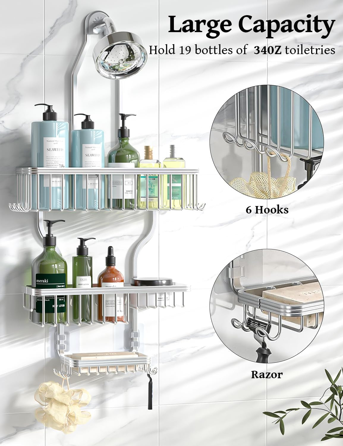 Shower Caddy Hanging - Never Rust Shower Organizer - Aluminum over the Head Caddy with 10 Hooks for Razor/Sponge - Rack with Soap Basket - Silver