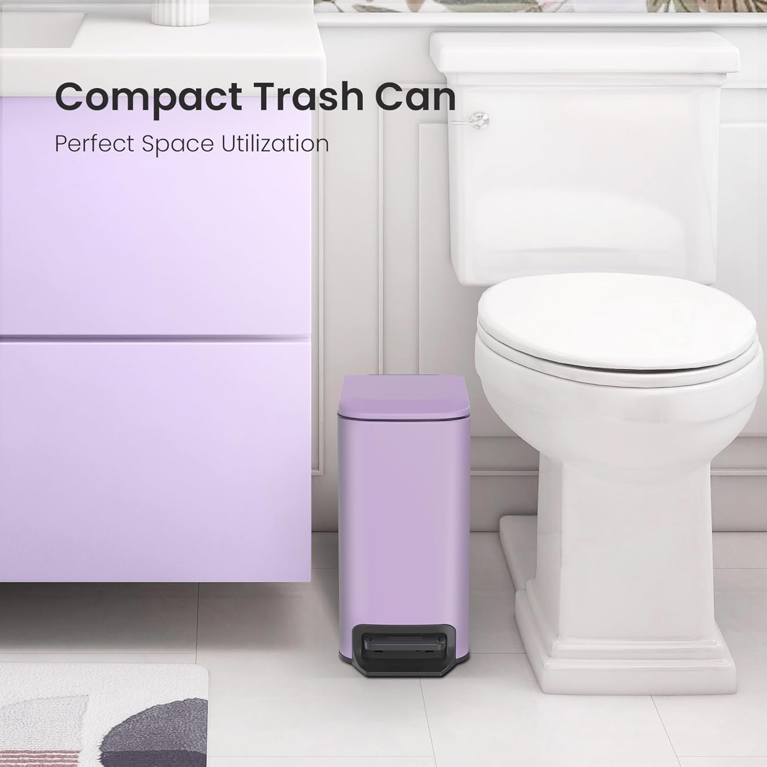 Small Bathroom Trash Can with Lid Soft Close, Step Pedal, 6 Liter / 1.6 Gallon Stainless Steel Garbage Can with Removable Inner Bucket, Anti-Fingerprint Finish (Purple)