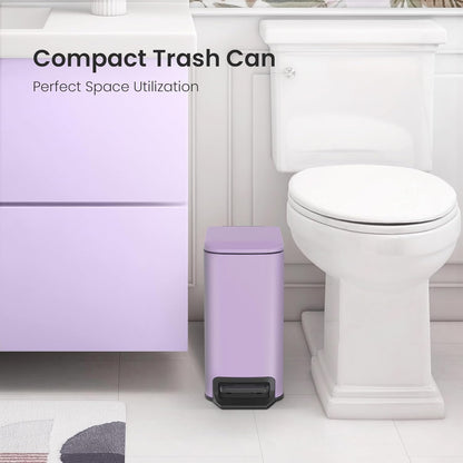 Small Bathroom Trash Can with Lid Soft Close, Step Pedal, 6 Liter / 1.6 Gallon Stainless Steel Garbage Can with Removable Inner Bucket, Anti-Fingerprint Finish (Purple)