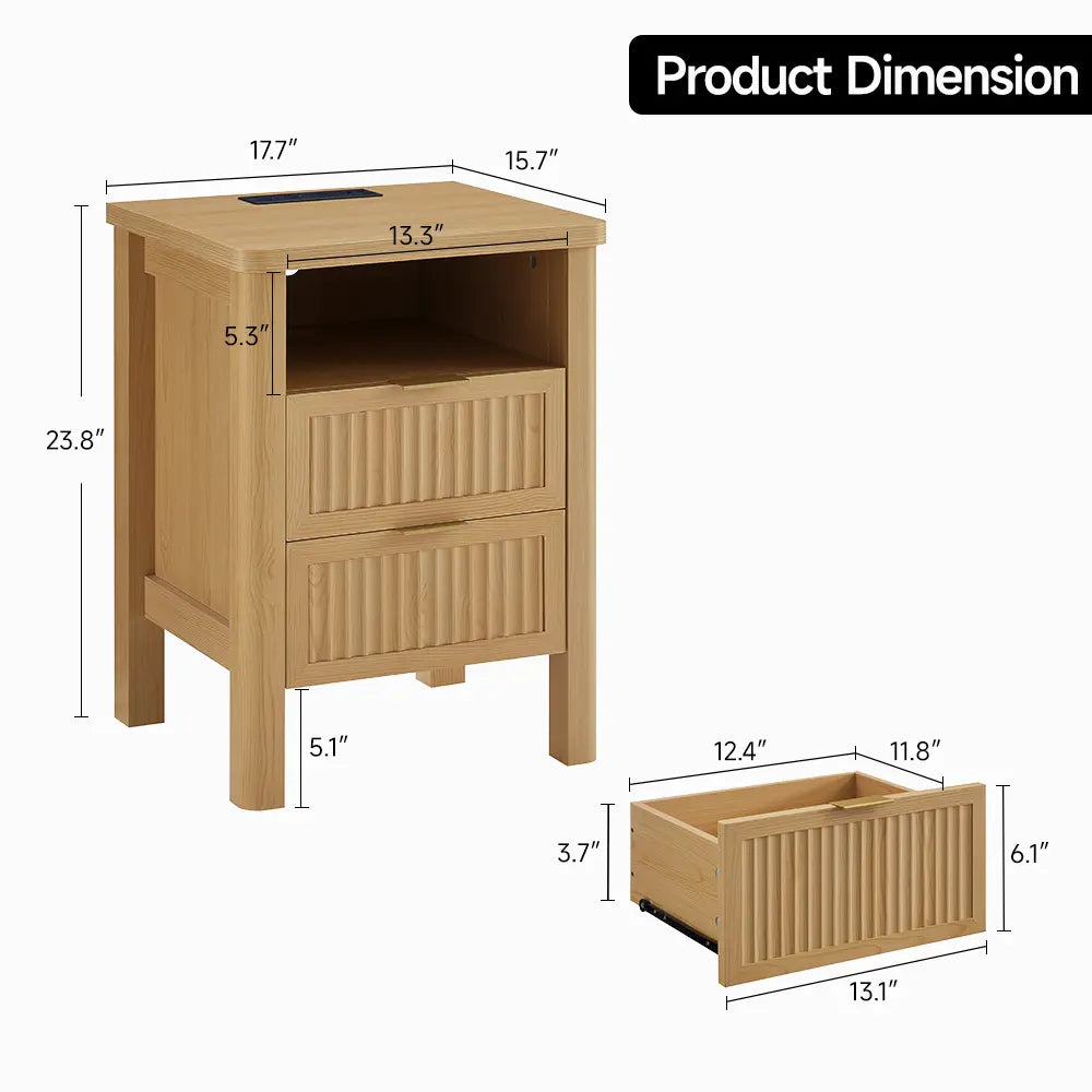 【Summerfinds】Onbrill 2-Piece Bedside Cabinet Set - 23.62" Modern Wood Nightstands with Fluted Panels, Drawers, 2 USB Ports, Glides, Curved Profile, 17.72"W×15.75"D×23.62"H End Tables for Bedroom Decor, Small Spaces,Dorm Essentials,Home Decor