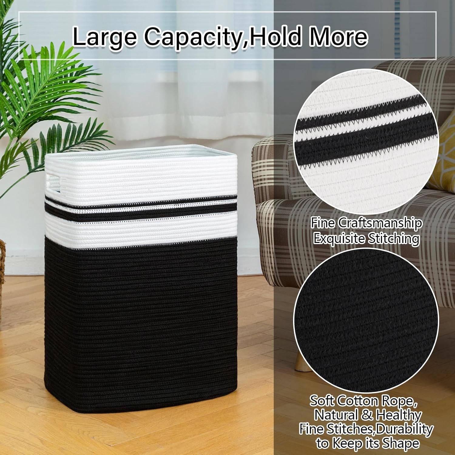 91L Laundry Hamper, Xxxlarge Laundry Basket, Collapsible Cotton Rope Basket,Woven Storage Basket for Blankets,Clothes,Pillows-16X15X24-Black&White