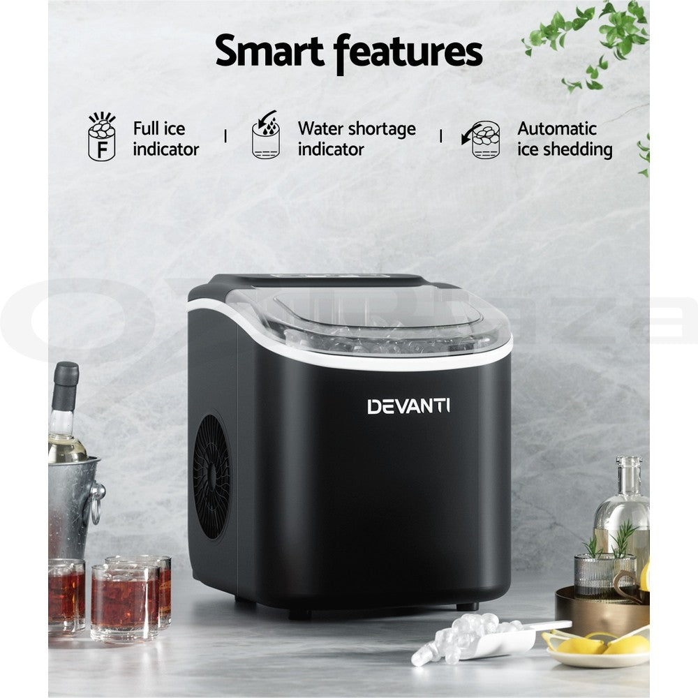 Devanti Portable Ice Maker Machine Ice Cube Tray 12Kg Bar Countertop Black