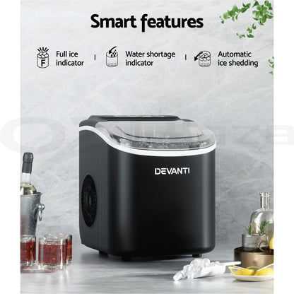 Devanti Portable Ice Maker Machine Ice Cube Tray 12Kg Bar Countertop Black
