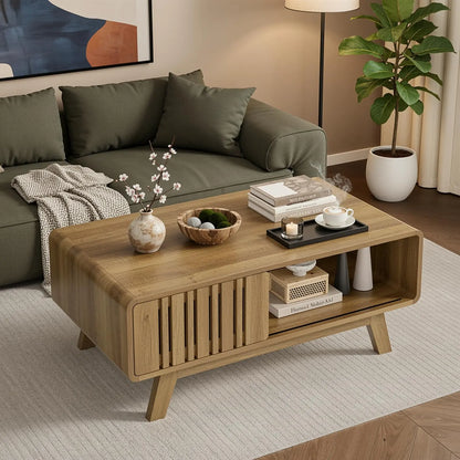【Summerfinds】Onbrill Coffee Table, Mid Century Modern Table with Storage Compartment, Fluted Table with Sliding Cabinet Door, Farmhouse Wood Coffee Table for Living Room,Dorm Essentials,Home Decor