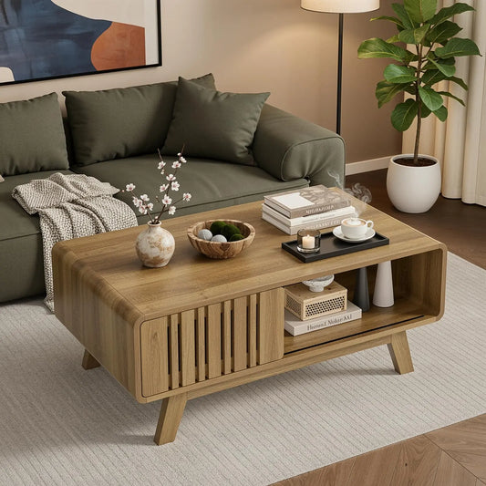 【Summerfinds】Onbrill Coffee Table, Mid Century Modern Table with Storage Compartment, Fluted Table with Sliding Cabinet Door, Farmhouse Wood Coffee Table for Living Room,Dorm Essentials,Home Decor