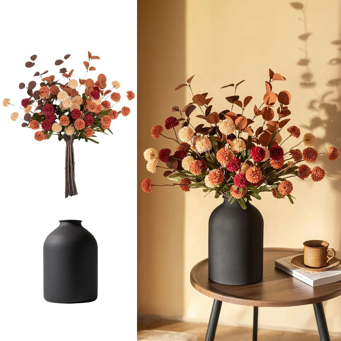 Vase with 12 Stems of Fall Color Fake Mums Kiku Flower Eucalyptuses for Living Room - Artificial Pom Poms Faux Floral Arrangements in Vase for Home Kitchen Island Dining Table Centerpiece Decor