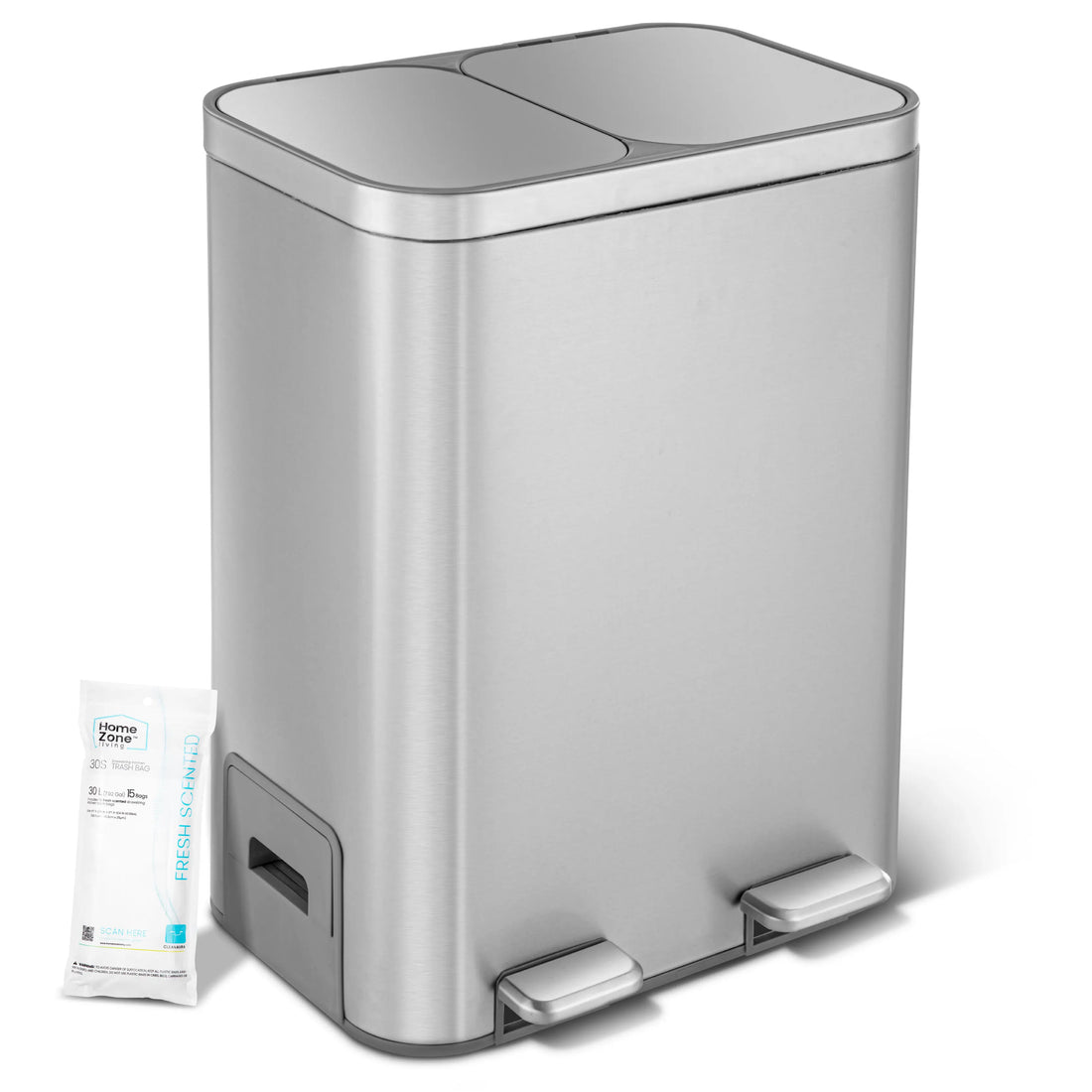 Home Zone Living 13 Gallon Dual Compartment Kitchen Trash Can with Recycling, Soft-Close Lids and Bag Storage, Brushed Stainless Steel, Silver