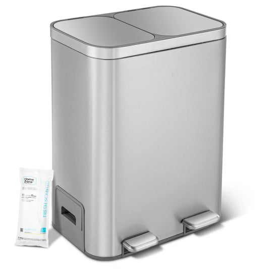 Home Zone Living 13 Gallon Dual Compartment Kitchen Trash Can with Recycling, Soft-Close Lids and Bag Storage, Brushed Stainless Steel, Silver