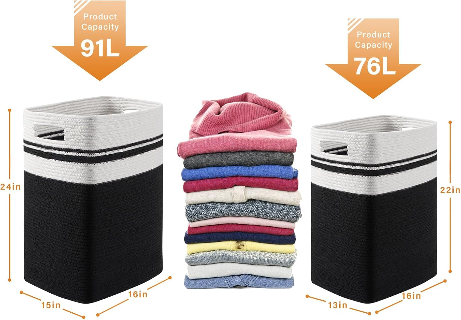 91L Laundry Hamper, Xxxlarge Laundry Basket, Collapsible Cotton Rope Basket,Woven Storage Basket for Blankets,Clothes,Pillows-16X15X24-Black&White
