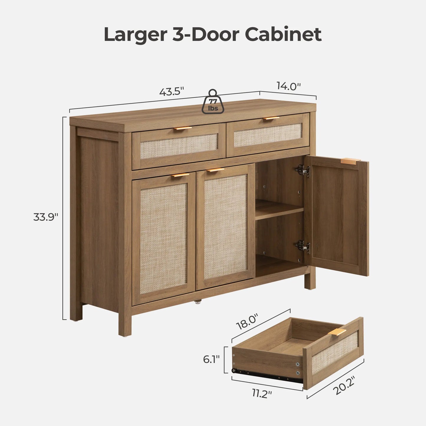 SICOTAS Rattan Sideboard Buffet Cabinet - Boho Farmhouse Credenza with 3 Doors and 2 Drawers, Storage Console Cabinet for Kitchen, Living Room, Entryway, Coffee Bar and Home Decor,Dorm Essentials