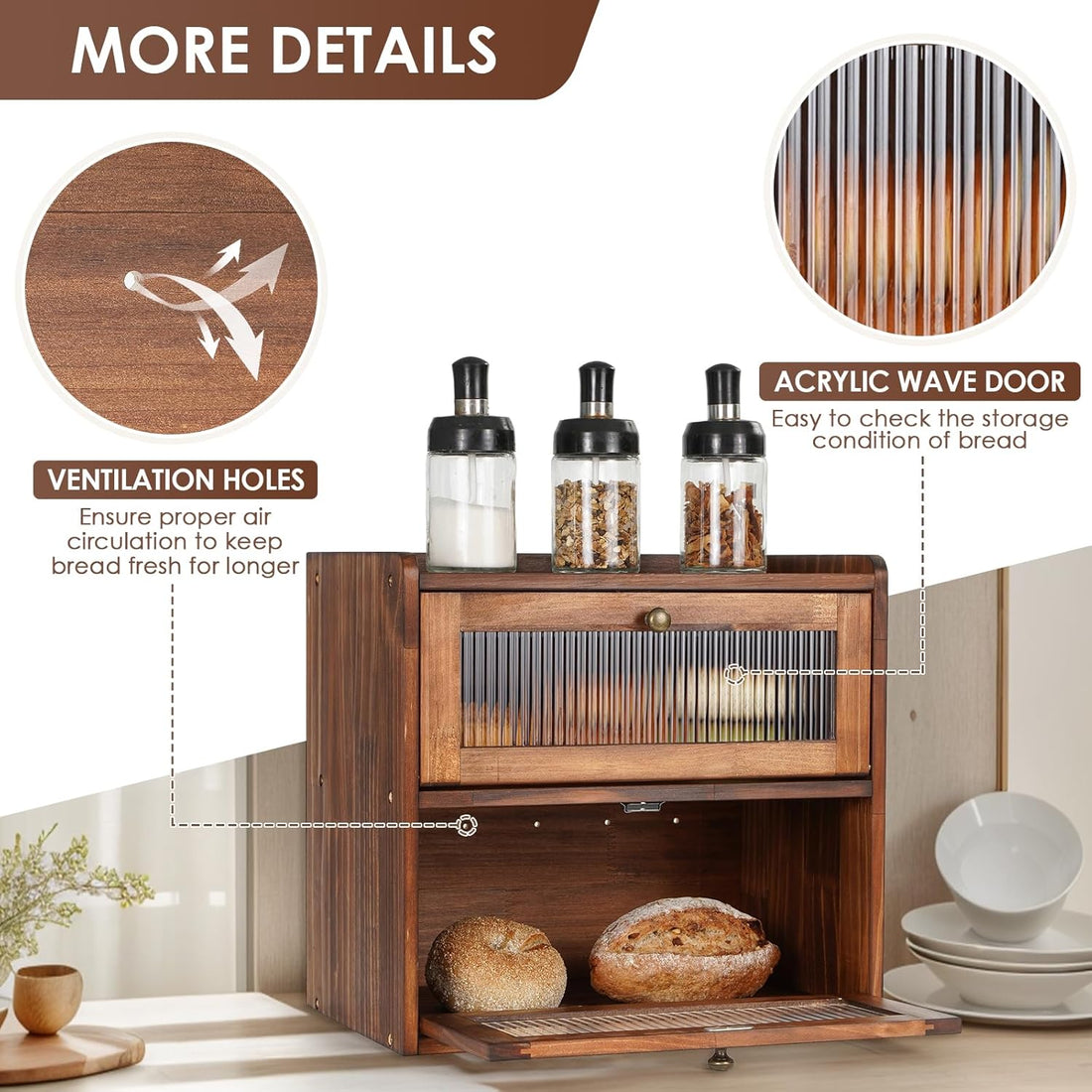 Bread Box for Kitchen Countertop Wooden Bread Storage Container Bin 2 Layer Breadbox Holder Large Capacity Keeper Vintage Farmhouse Food Organizer Pantry Shelf Acrylic Window (Brown)