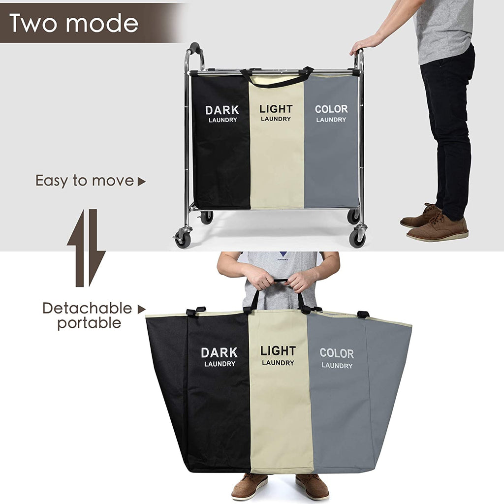 Laundry Hamper, Large Storage Basket Sorter 3 Section Bag Organizer for Dirty Clothes - Toys - Towel,16 X 30 X 35 Inch Heavy Duty Laundry Cart Baskets with Wheels in Laundry Room Organization (White)