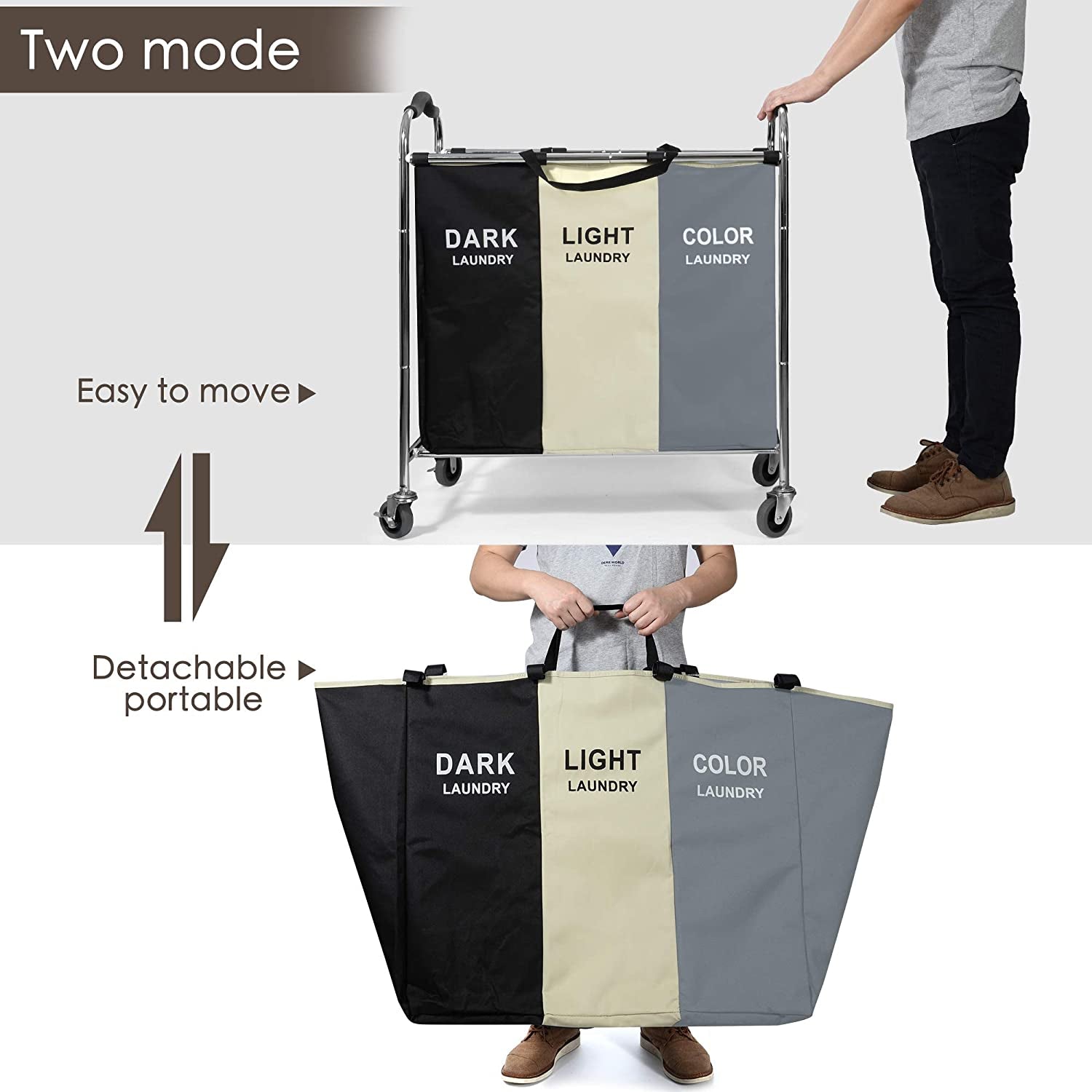 Laundry Hamper, Large Storage Basket Sorter 3 Section Bag Organizer for Dirty Clothes - Toys - Towel,16 X 30 X 35 Inch Heavy Duty Laundry Cart Baskets with Wheels in Laundry Room Organization (White)