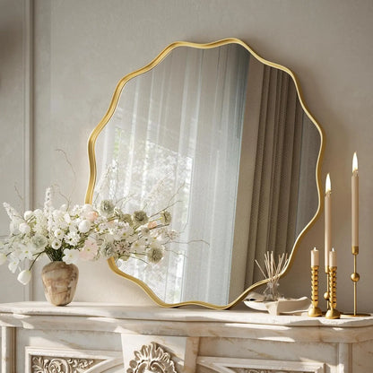 Scalloped Circle Mirror, 24" Wavy Edge round Wall Mirror with Tempered Glass Textured Circular Metal Deep Frame, Leaning for Bathroom, Hallway, Entryway, Livng Room