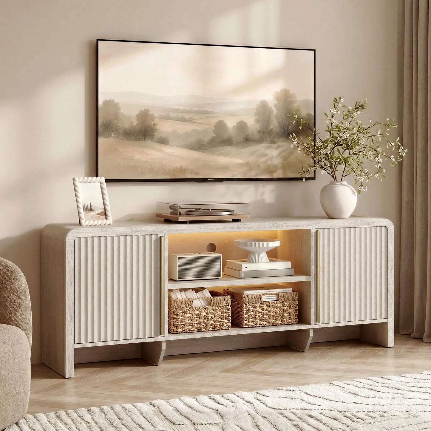 [2 Packages Shipping] Modernmate 70.1" Fluted TV Stand - Entertainment Console with LED Light for up to 80-Inch Tvs, Modern Storage Unit with Adjustable Open Shelf & 2 Cabinets for Living Room, Bedroom, White Alder, Entertainment Tv Stand,Caly