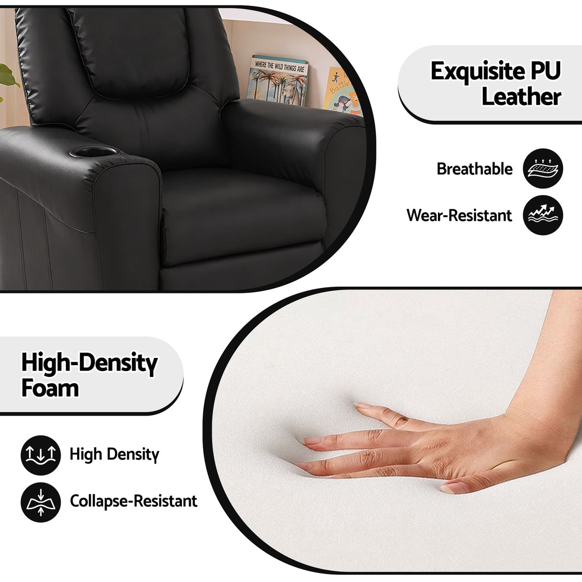 Keezi Kids Recliner Chair PU Leather Sofa Lounge Couch Children Armchair Black