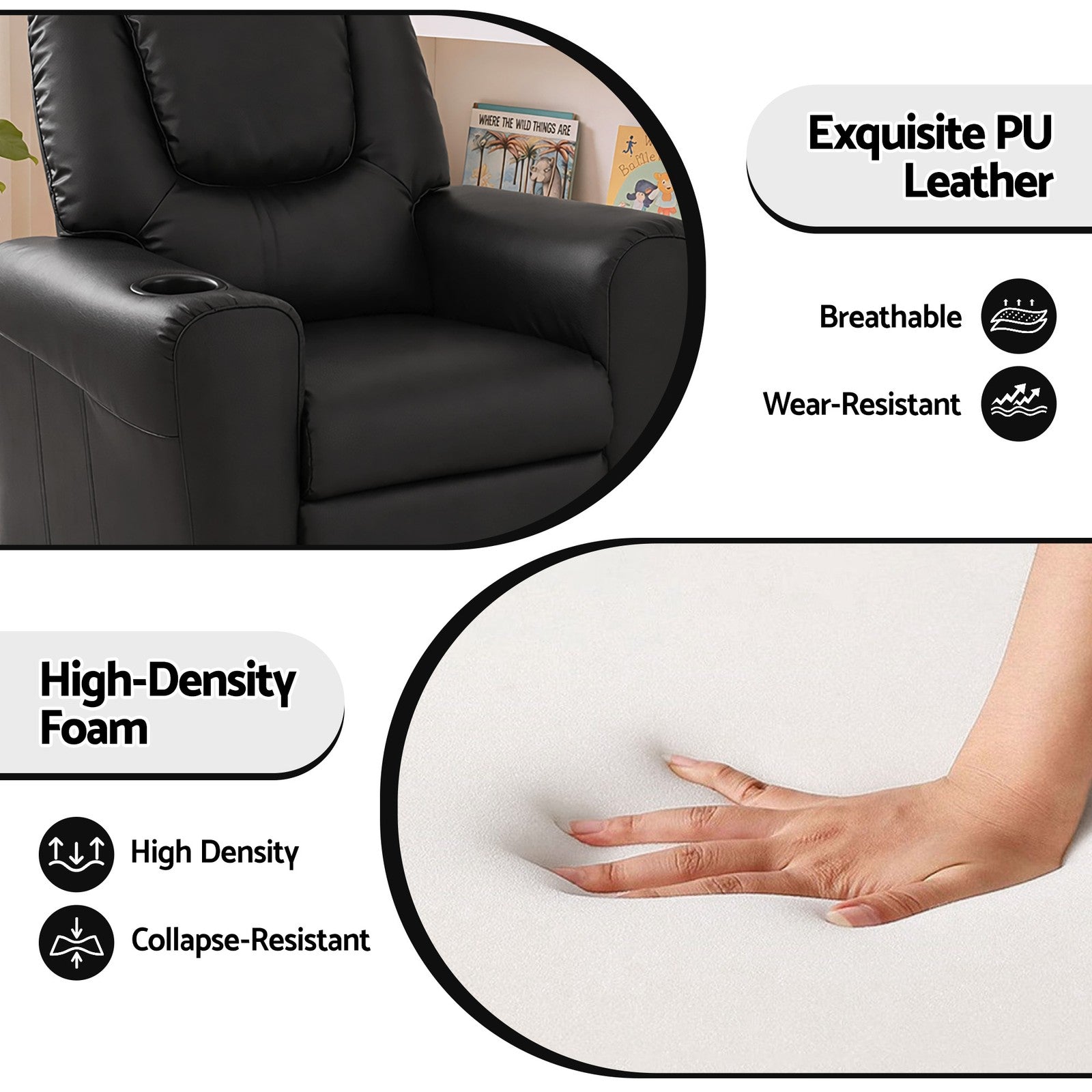 Keezi Kids Recliner Chair PU Leather Sofa Lounge Couch Children Armchair Black