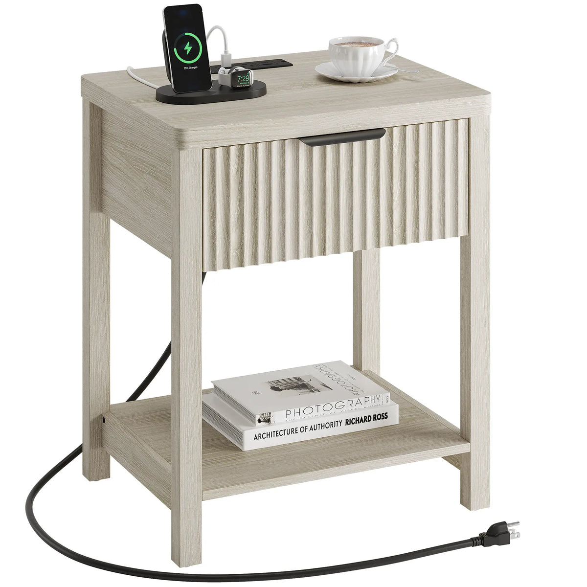 Aowos Fluted Nightstand, Bedside Tables with Charging Station, Boho Side Tables with Drawer &amp; Open Compartment for Bedroom Wooden Tabletop, Bedside Cabinet with USB Ports, Nightstand with Storage, Apartment Nightstand, Kids Bedside Table Tiktokshopspringg