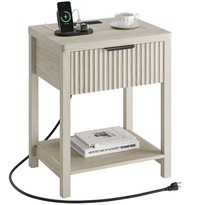 Aowos Fluted Nightstand, Bedside Tables with Charging Station, Boho Side Tables with Drawer &amp; Open Compartment for Bedroom Wooden Tabletop, Bedside Cabinet with USB Ports, Nightstand with Storage, Apartment Nightstand, Kids Bedside Table Tiktokshopspringg